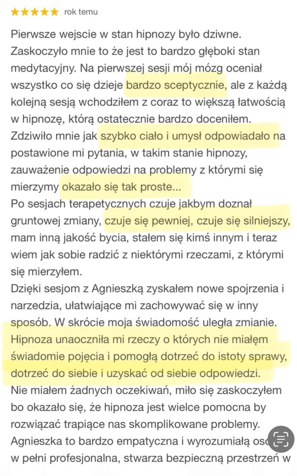 Opinia klienta o hipnozie, głębszych odpowiedziach i dotarciu do istoty sprawy po sesji hipnoterapii