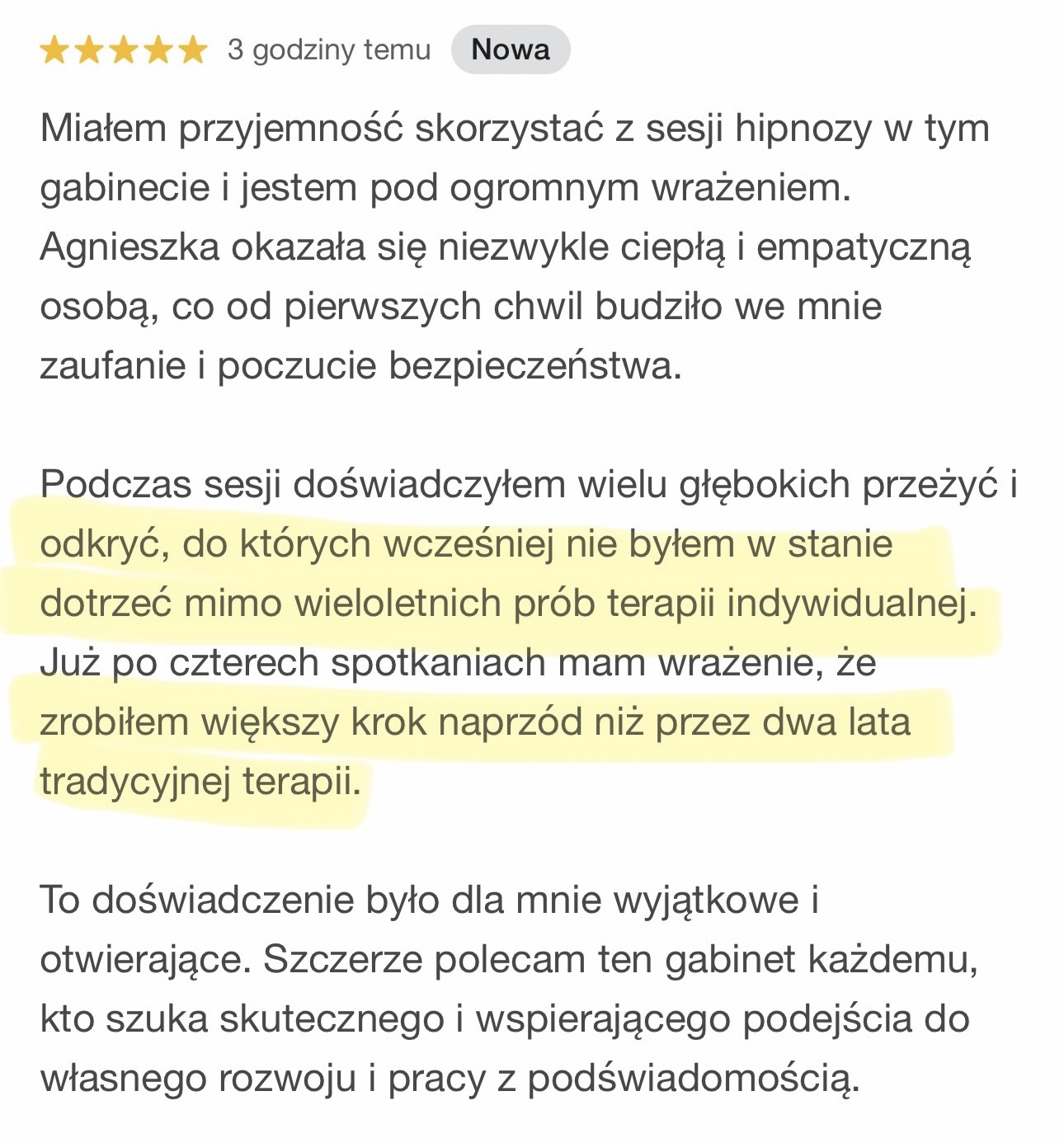 Opinia klienta o poczuciu bezpieczeństwa i głębokich odkryciach po sesjach hipnoterapii u Agnieszki Szydłowskiej